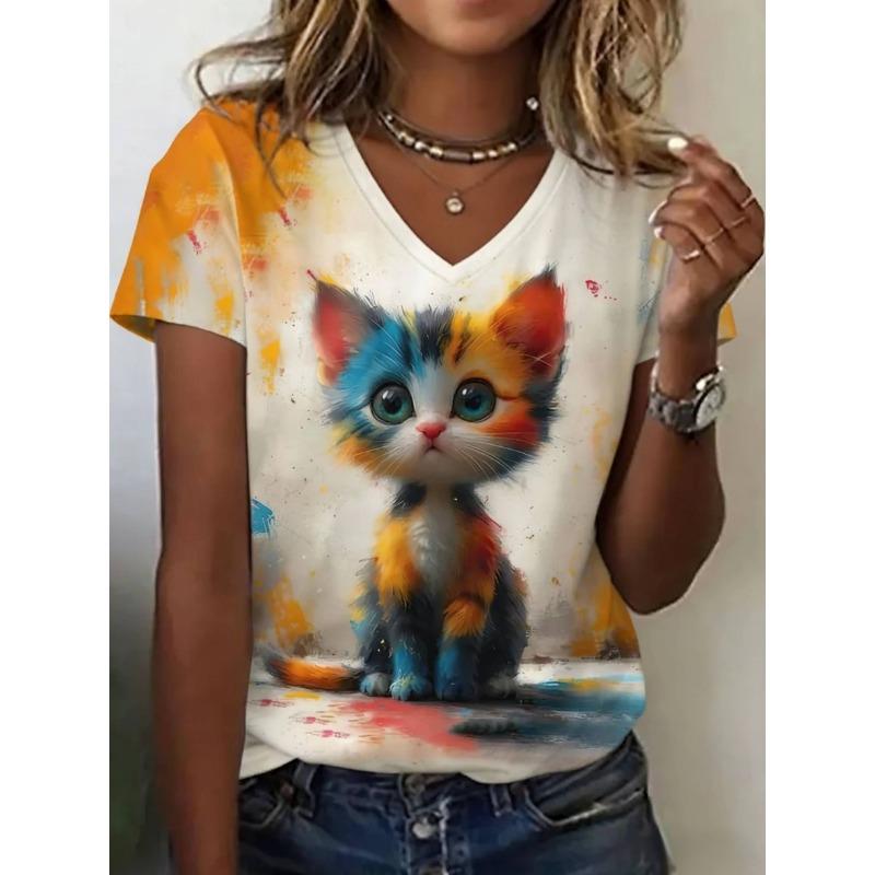 Women's summer casual V-neck short-sleeved T-shirt, with fashionable 3D print, suitable for outings or at home
