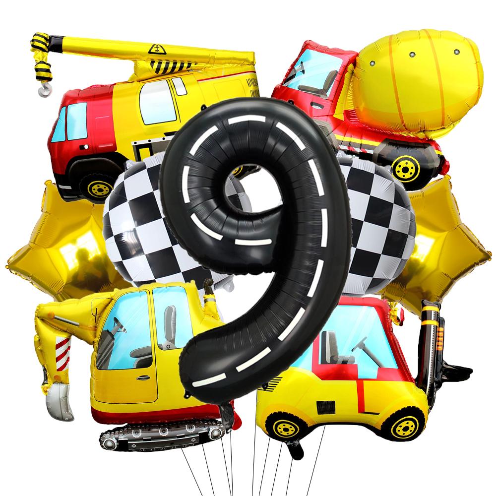 9 Pcs 1set Engineering Theme Foil Balloons With 40Inch Number Birthday Party Ballon Construction Vehicle Tractor Car Balloons