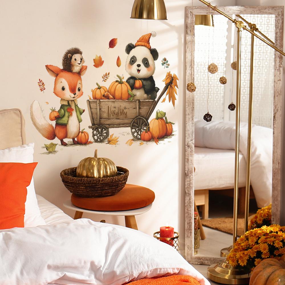 Cartoon Home Decoration Wall Stickers Featuring Little Cats, Foxes and Hedgehogs Transporting Pumpkins