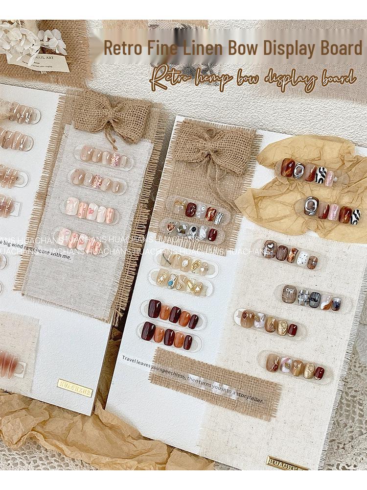 Original Handmade Retro Nail Art Display Board with Burlap Bow and Wearable Nails Pattern.