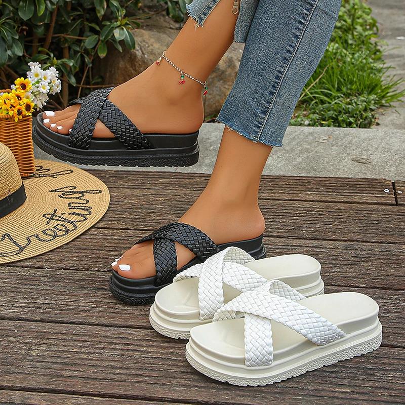Fashion Retro Woven Leather Slippers Women Summer Med Heel Thick Bottom Sandals for Ladies Casual Beach Non Slip Flat Slippers Mujer