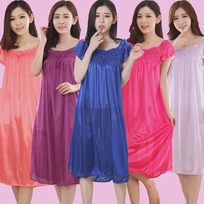 Summer Sexy Lace Ice Silk Nightdress - Solid Color Loose Short-Sleeve Pajamas