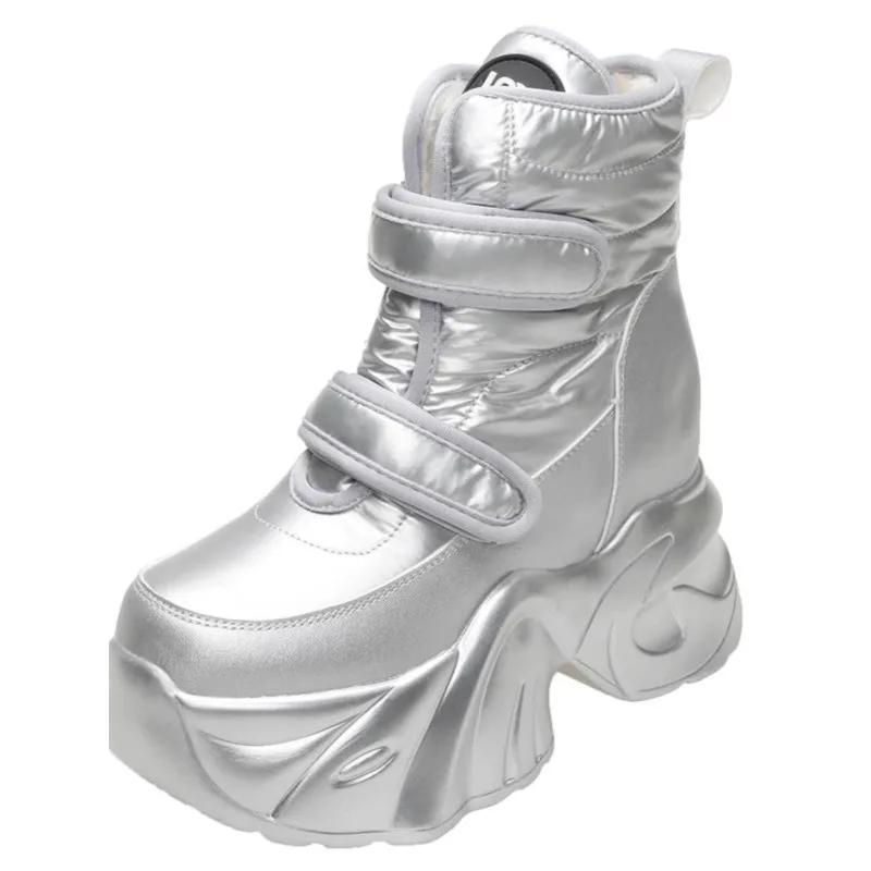 Winter Women's Fur Snow Boots Keep Warm Chunky Short Boots Outdoor Plush Mid-calf Shoes 9CM Platform Anti-skid Leather Sneakers