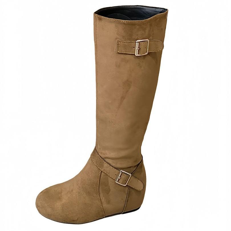 2025 new Dongdaemun, inner height increase 5cm long boots Korean fashion buckle design stacked medium boots women