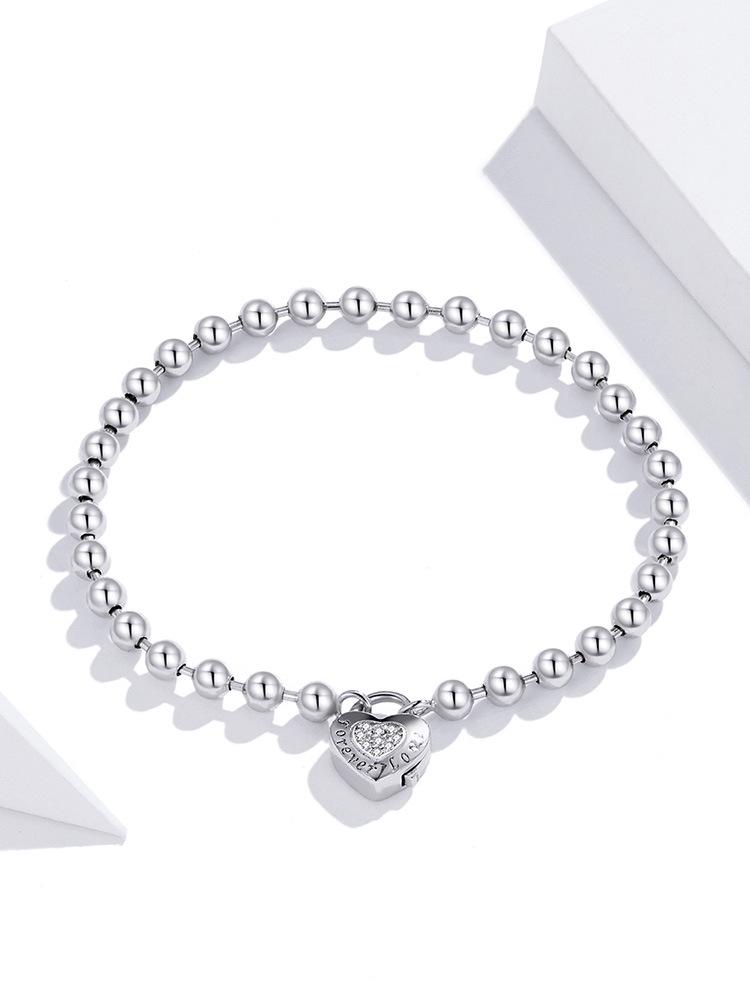 European & American Sterling Silver White Gold Plated Beaded Bracelet, Unisex, Versatile, S925, SCB203