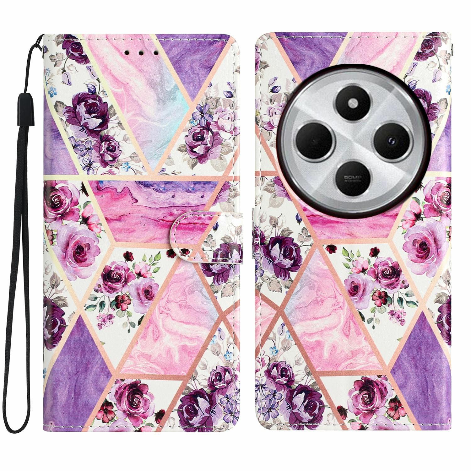 

For Xiaomi Poco C75 4G/Redmi 14R 5G/14C 4G Wallet Case PU Leather Pattern Printing Stand Phone Cover with Strap Purple Flowers