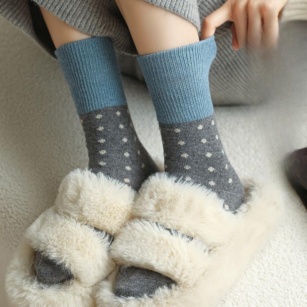 Warm Wool Socks for Women, Mid-calf Socks for Autumn and Winter, Thickened Color-blocked Polka Dot Winter Long Socks, Pile Socks
