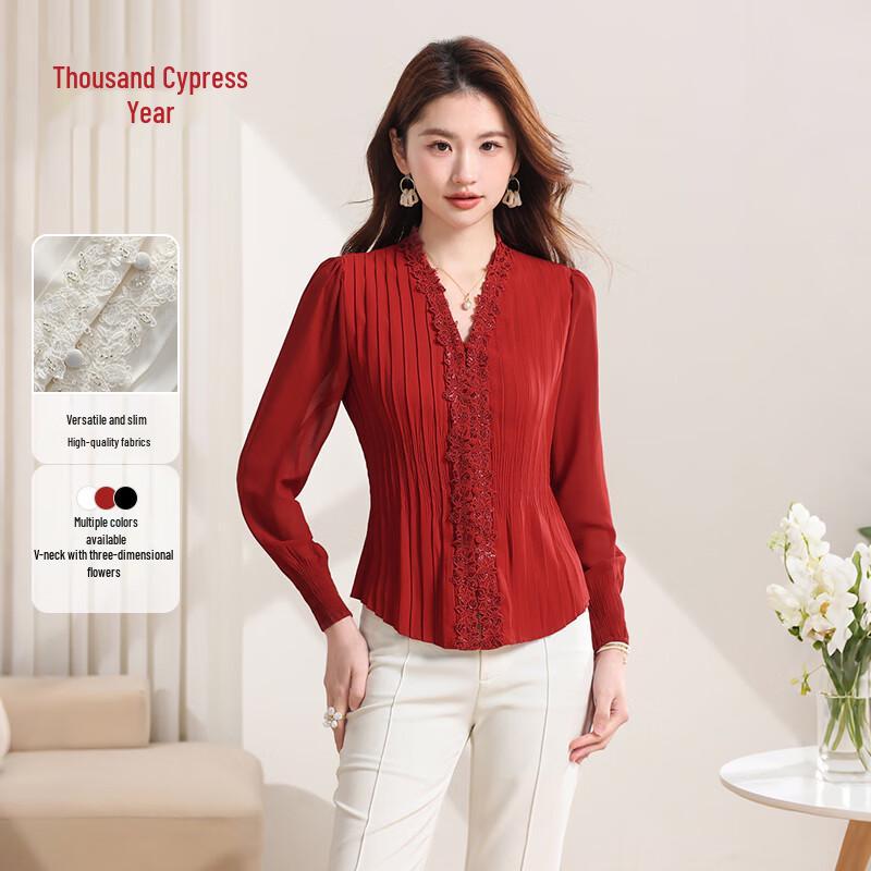 Elegant V-Neck Lace Chiffon Blouse L