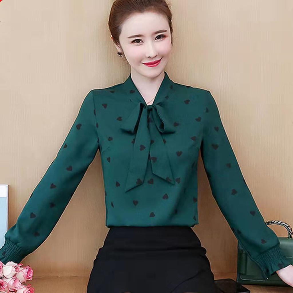 

Fashion Women Casual Long Sleeve Printed Bow Collar Casual Tops Ladies Shirts M зелений