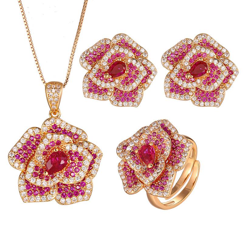 Popular Jewelry Copper Bottom Gold-Plated Simulation Red Corundum Rose High-End Light Luxury Suit Women