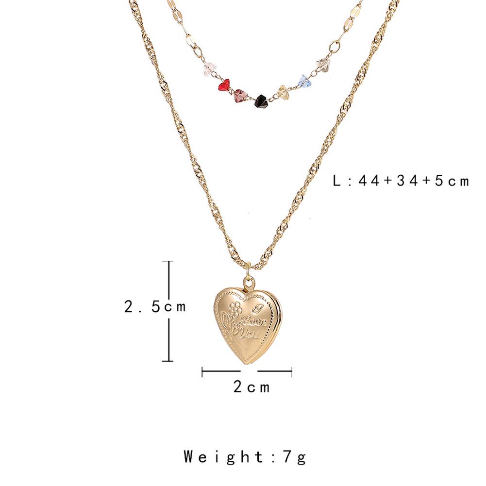 2 Pcs/set Women's Necklace Alloy Love Heart Shape Pendant Metal Color Diamond Clavicle Necklace