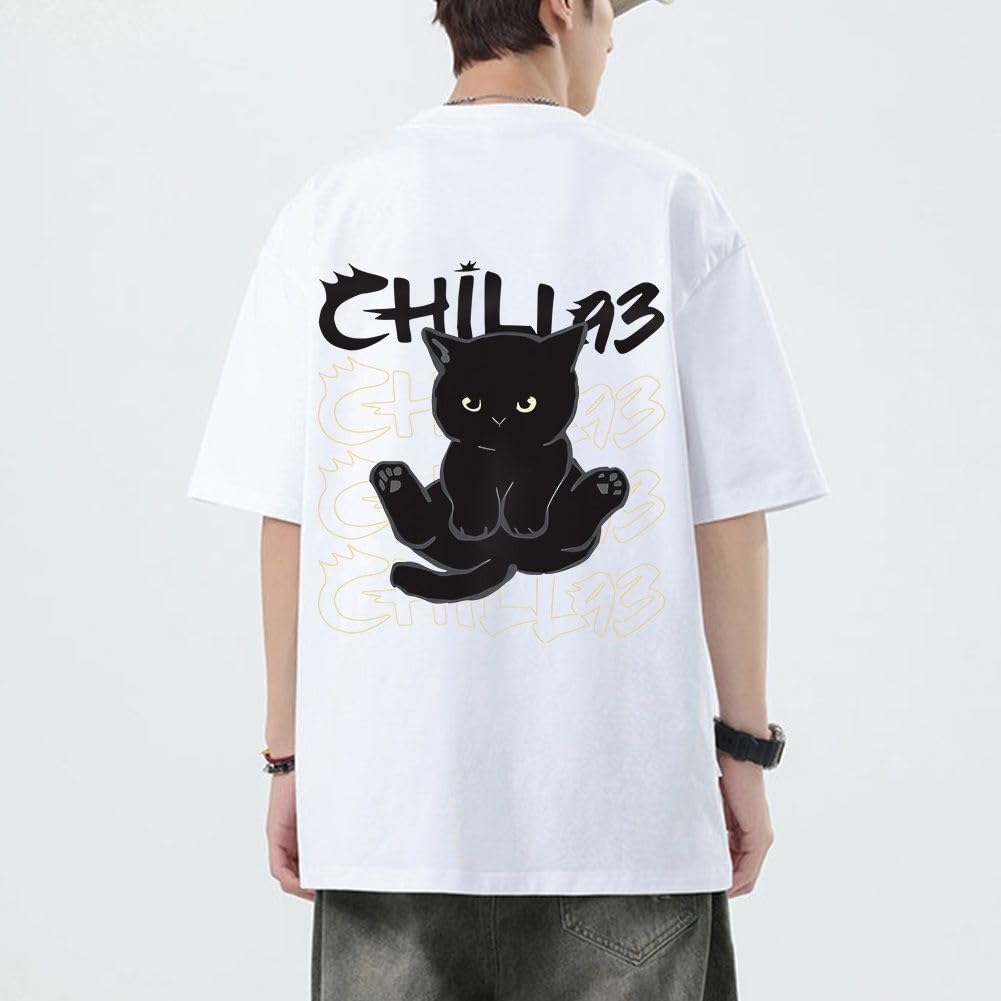 [Liaziong] Summer T-shirt for Men, Short Sleeve, 100% Cotton, Plus Sizes, Cute Cat Print, Crew Neck, Half Sleeve Top - White - 2XL