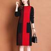 Women's Crew Neck Plus Size Knit Dress Autumn and Winter Color-Block Pullover Sweater Dress Over-the-Knee Mid-Length Knit Sweater