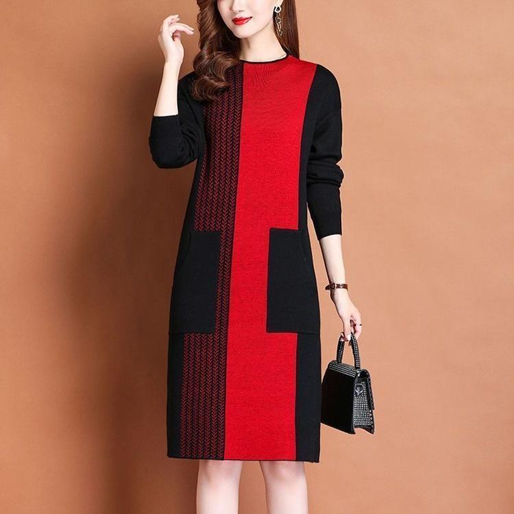 Women's Crew Neck Plus Size Knit Dress Autumn and Winter Color-Block Pullover Sweater Dress Over-the-Knee Mid-Length Knit Sweater