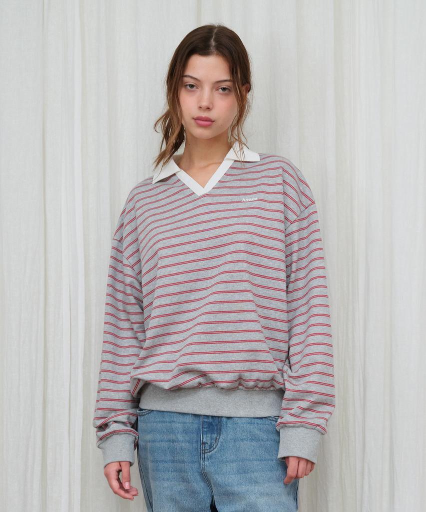 AMES-WORLDWIDE V Neck Collar Stripe Sweatshirt Gray