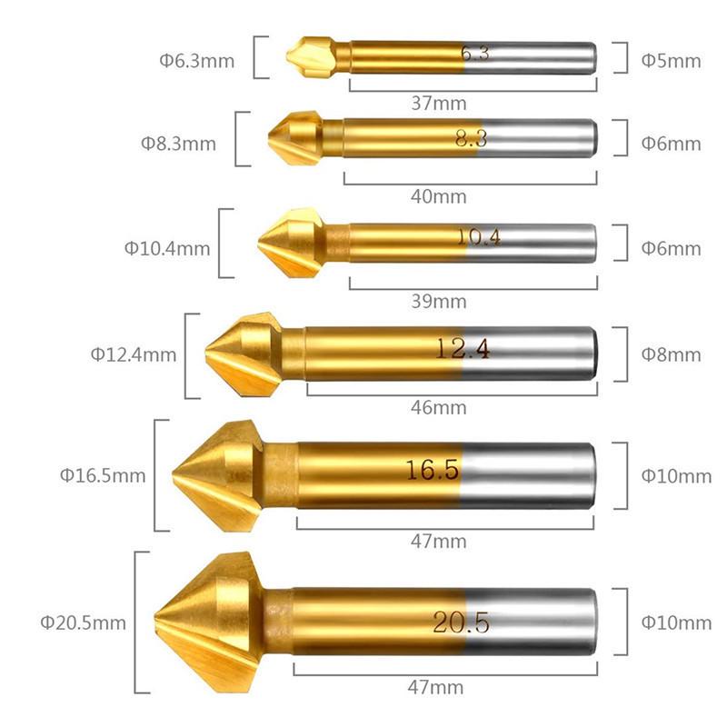 6-Piece Titanium-Plated 90° Countersink Drill Bit Set, Three-Flute, High-Speed Steel 4241