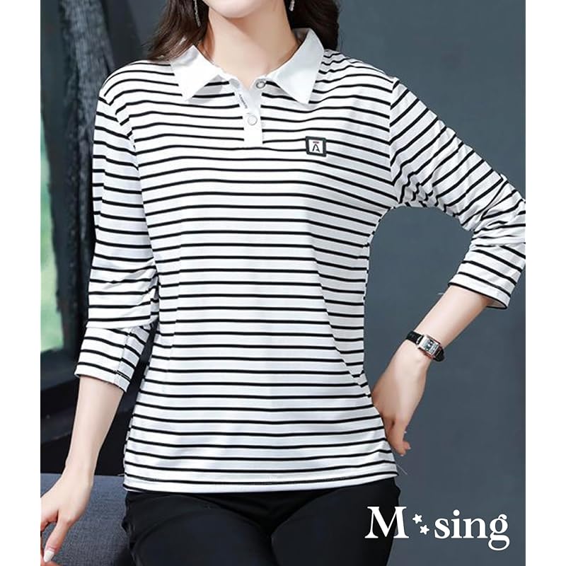 [M-Thing] polo shirt long sleeve border tops Thin sports casual golf wear breathable ladies spring summer autumn big size comfortable Easy dark blue