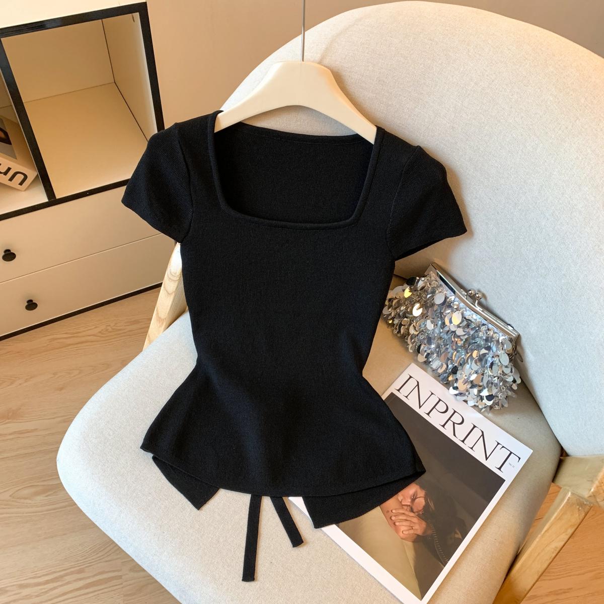

Women s Fashion Ice Silk T-Shirt - Short Sleeve Back Tie Knitwear S