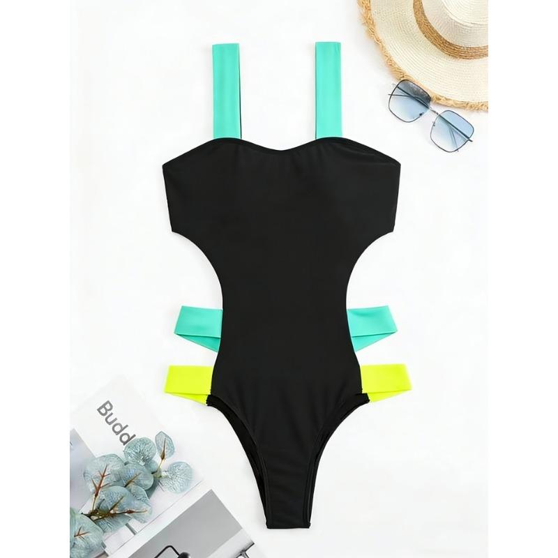 Women Sexy Color Block Backless Slim Fit One Piece Swimsuit