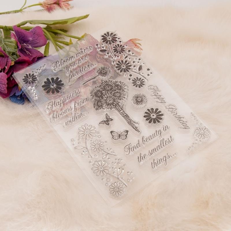 Greeting Word Pattern Silicone Stamp for Card Making, Flower Silicone Stamp for Scrapbooking Journal Planner Album