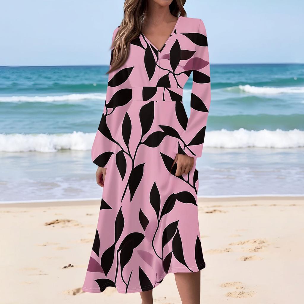Women's Casual Fashion Floral Print V-neck Long Sleeve Waist Long Dress
