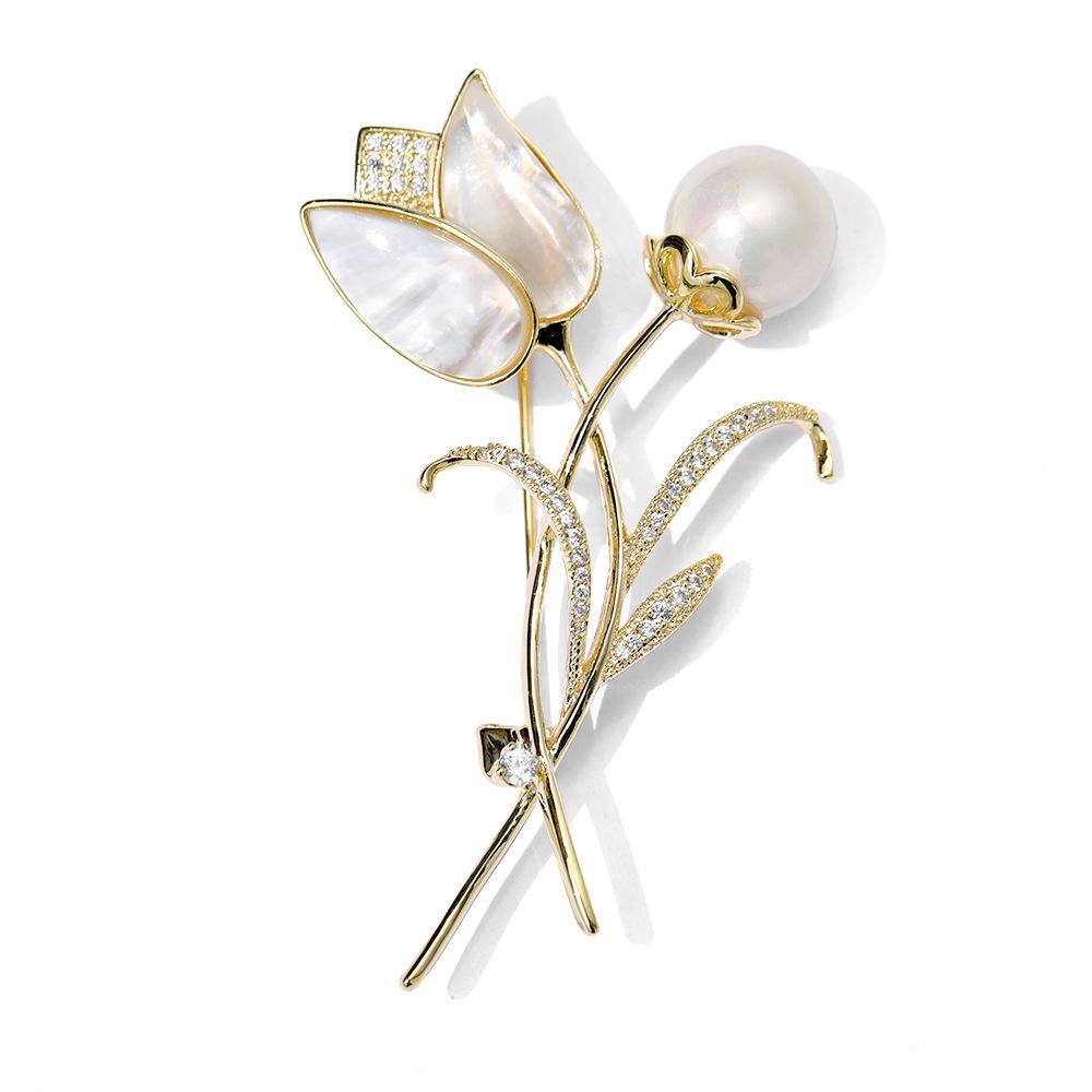 Bo Xin Yun Elegant Tulip Shell Brooch with Pearl Rose Flower Pin