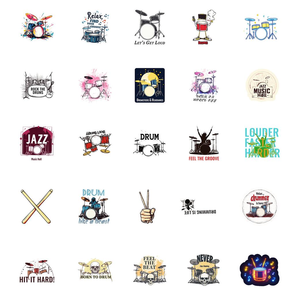 50PCS Drum Instrument Niche Graffiti Stickers, Waterproof Decoration for Phone Case/Water Cup/Journal