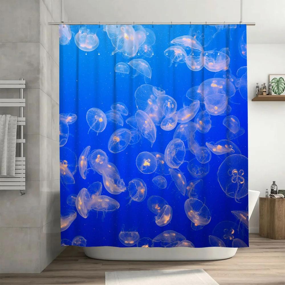 Underwater Jellyfish Shower Curtain Blue White Ocean Fish Printed Fabric Bathroom Decor for Home Bath Spa 72x84 inches with Ro