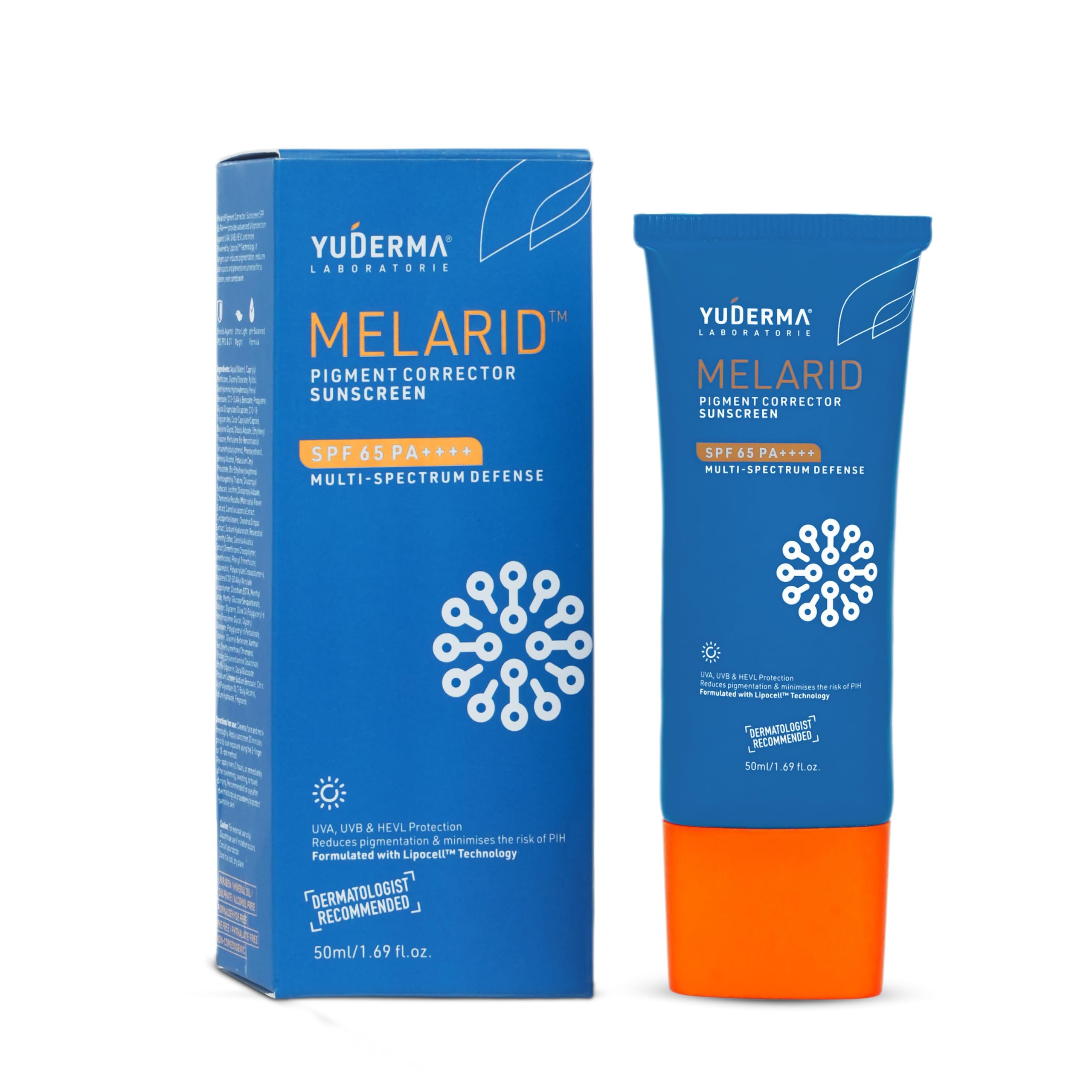 

Yuderma Melarid Корректор пигментации Солнцезащитный крем SPF 65 PA++++ | Защита от широкого спектра UVA, UVB и HEVL | 50 мл