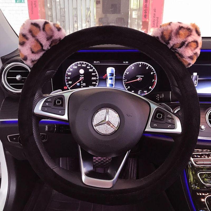 

Car Steering Wheel Cover Korean Cartoon Cute Steering Wheel Cover Autumn and Winter Plush Warm and Wear-Resistant Y-Shaped Handle Cover Black [Pink Leopard Print Ears] Plush Black