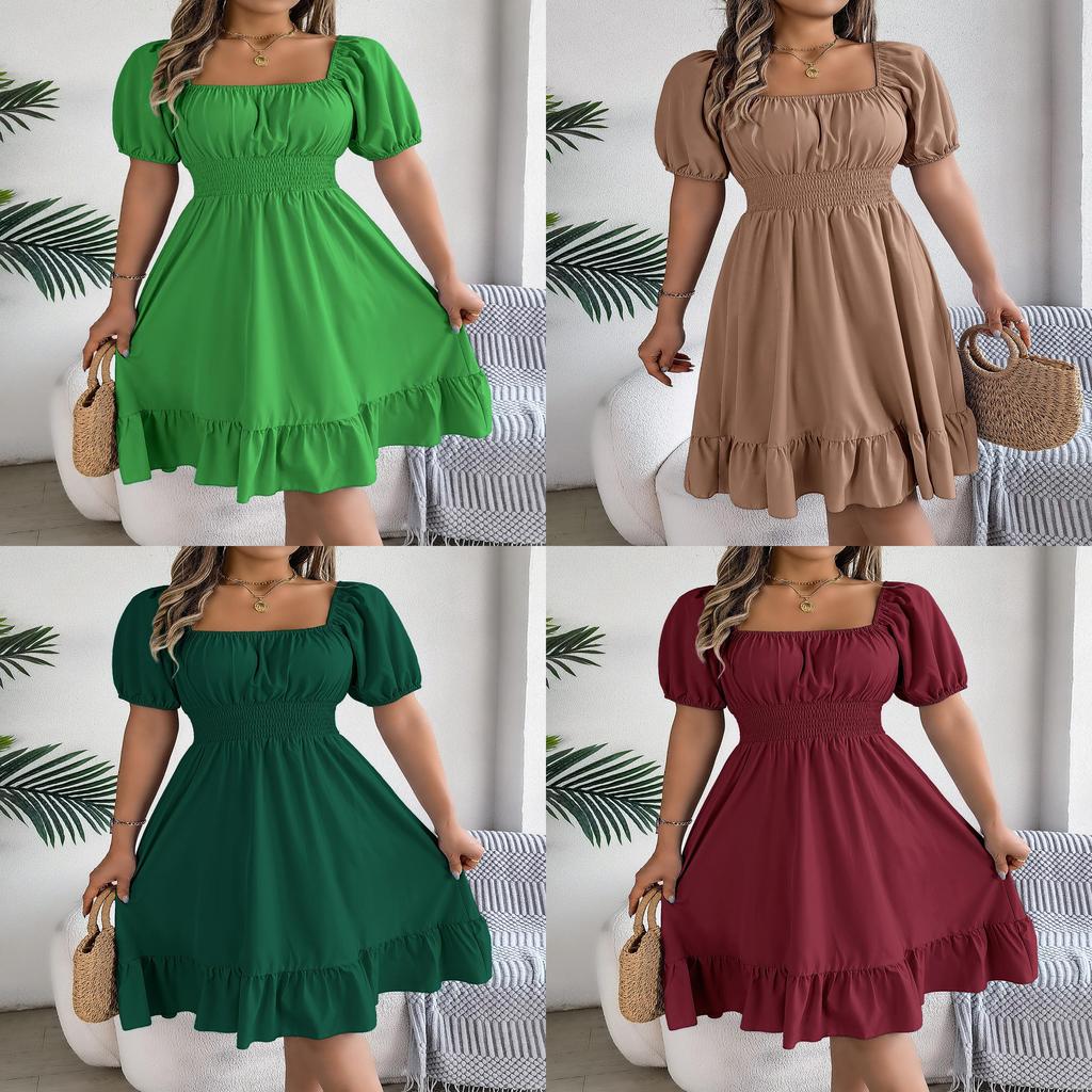 Euro Street Style Short Sleeve A Line Dress With Ruffle Hem For Casual Wear
