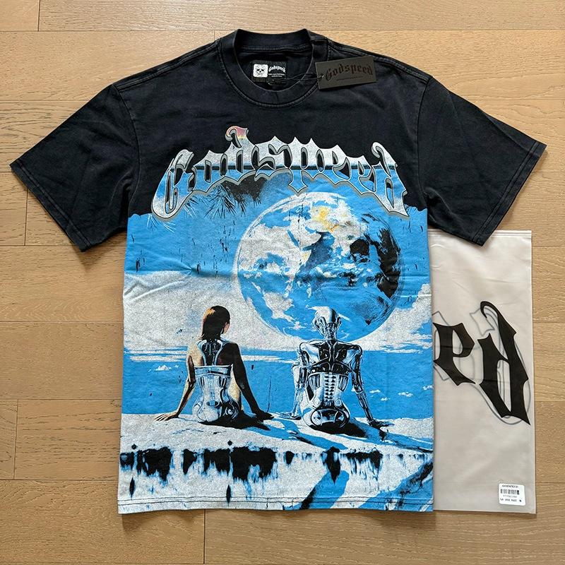 Godspeed retro printing foreign trade beauty tide high street men and women casual trend hip hop apricot old short sleeve T-shirt