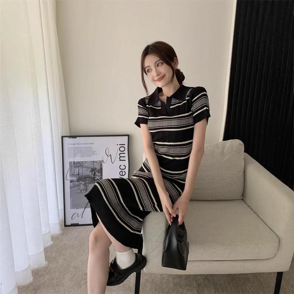 Women's Summer 2025 Striped Knitted Polo Dress - Slimming, Hip-Hugging Mid-Length Style