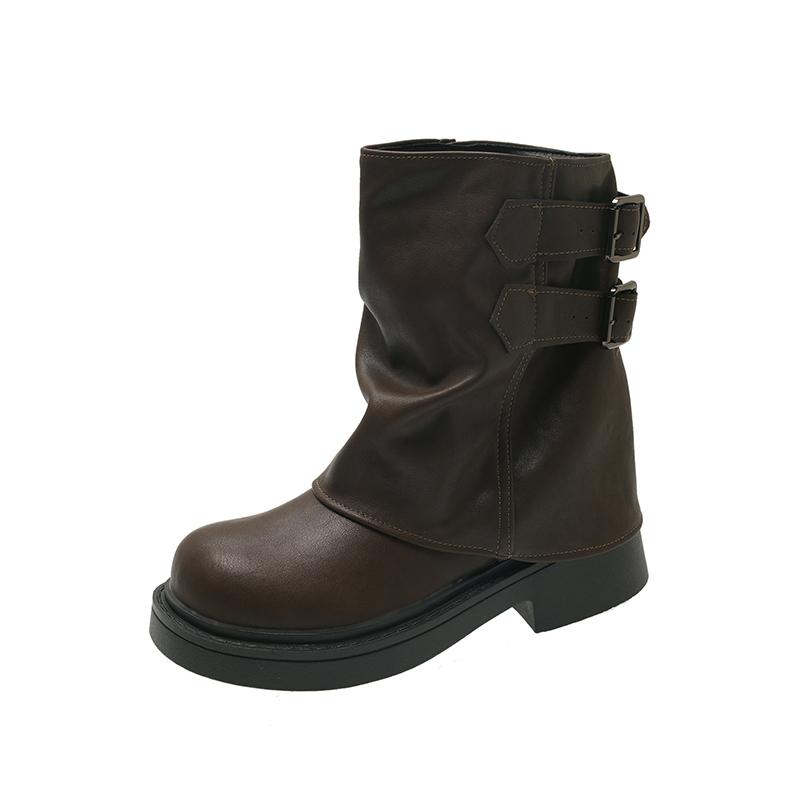 Fashion Fashion Vintage Belt Buckle Women Western Ankle Boots Concise Square Heels Shoes Autumn Laides Short Booties