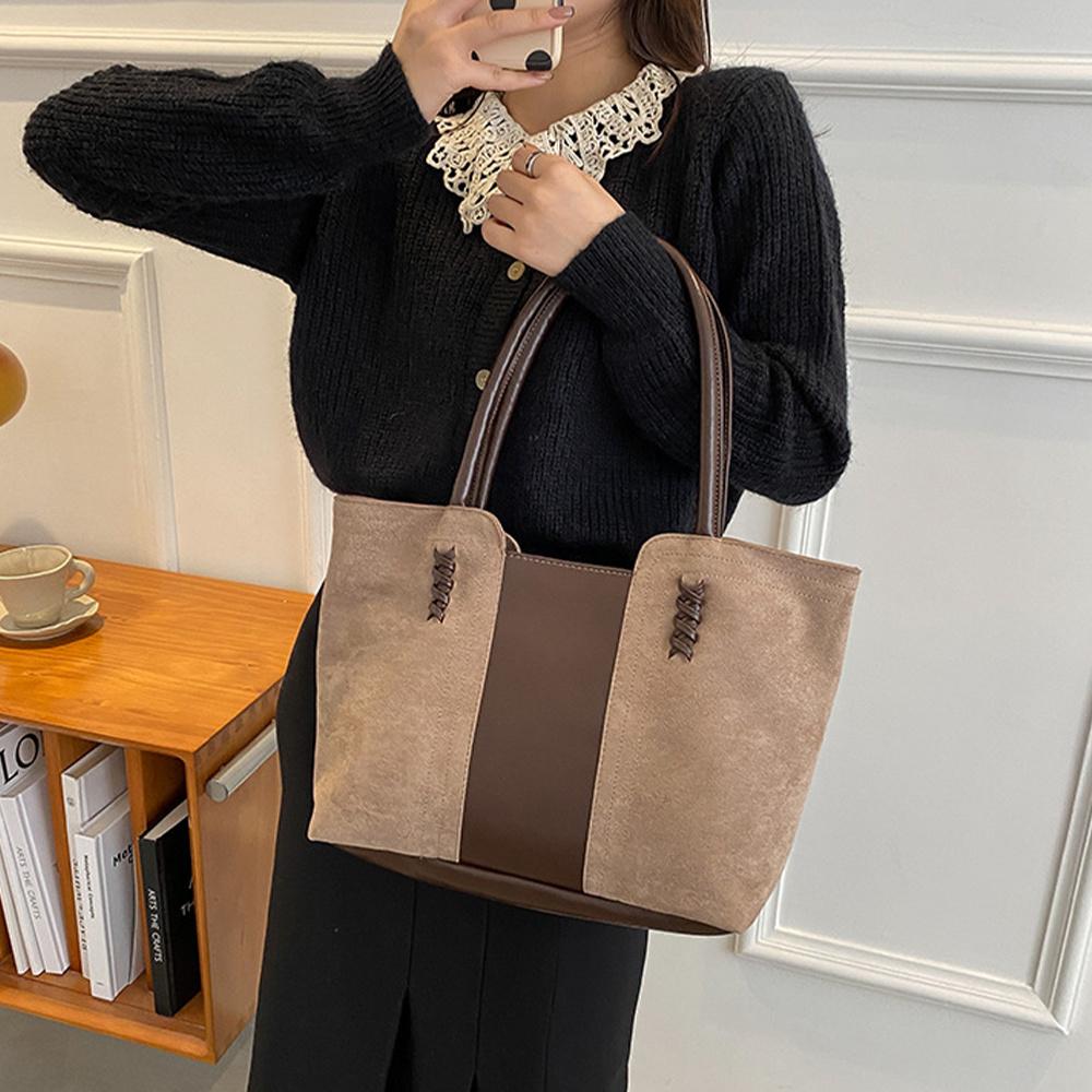 Wildleder Oberfläche Handtasche Für Damen, Koreanische Mode Freizeit Pendler Handtasche, Vintage Farbkollision Spleißung Tote Bag