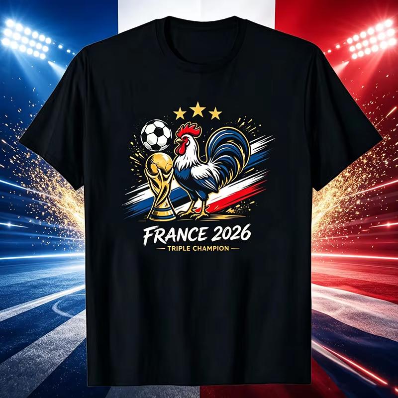 Spieltag Sport Slogan Kurzarm T-Shirt, 2026 Frankreich Fußballmeister Grafik T-Shirt zum Anfeuern der Französischen Nationalmannschaft T-Shirt
