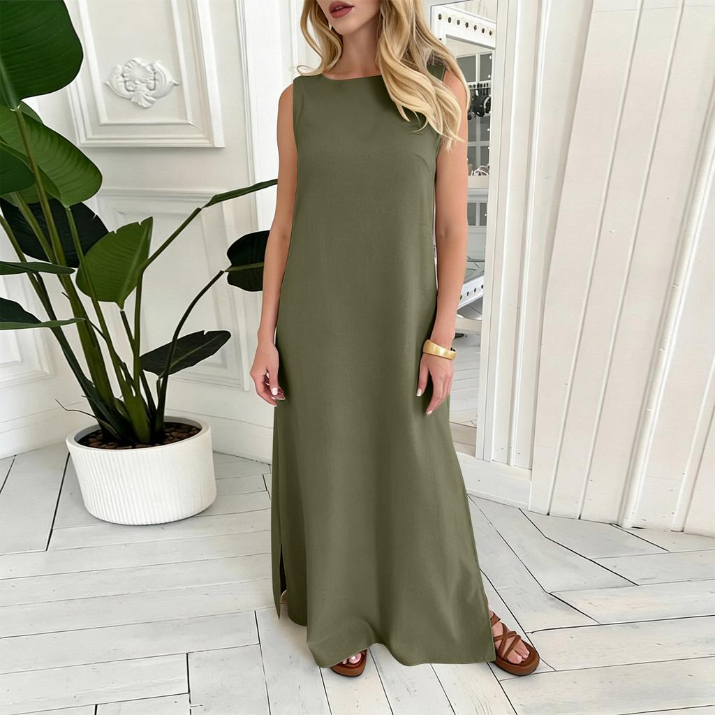 Women's Fashion Round Neck Sleeveless Colour Casual Resort Maxi Dress With Split Hem In Cotton,Linen Blend