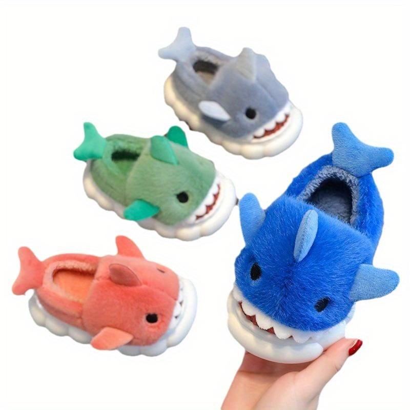 1 Pair Youngsters' Shark Plush Slippers - Soft Fleece-Lined Slip-On Indoor/Outdoor House Shoes with Cartoon Shark Design, Non-Slip PVC Sole