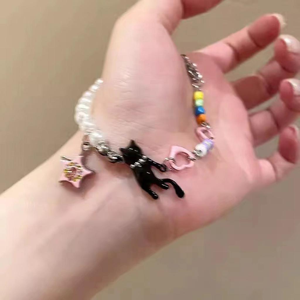 Vintage Pearls Bead Cats Face Charm Bracelet With Star Pendant Flexible Chain Pearls Charm Wrist Chain For Daily Wear