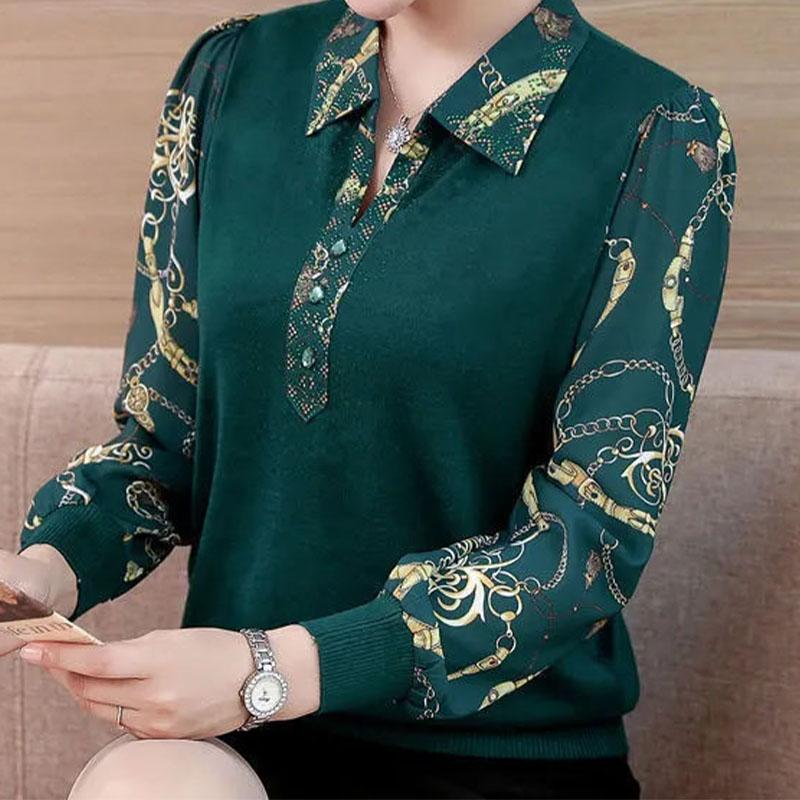 Women's Casual Long Sleeve Printed T-shirt with Turn-down Collar for Autumn/Winter Commute