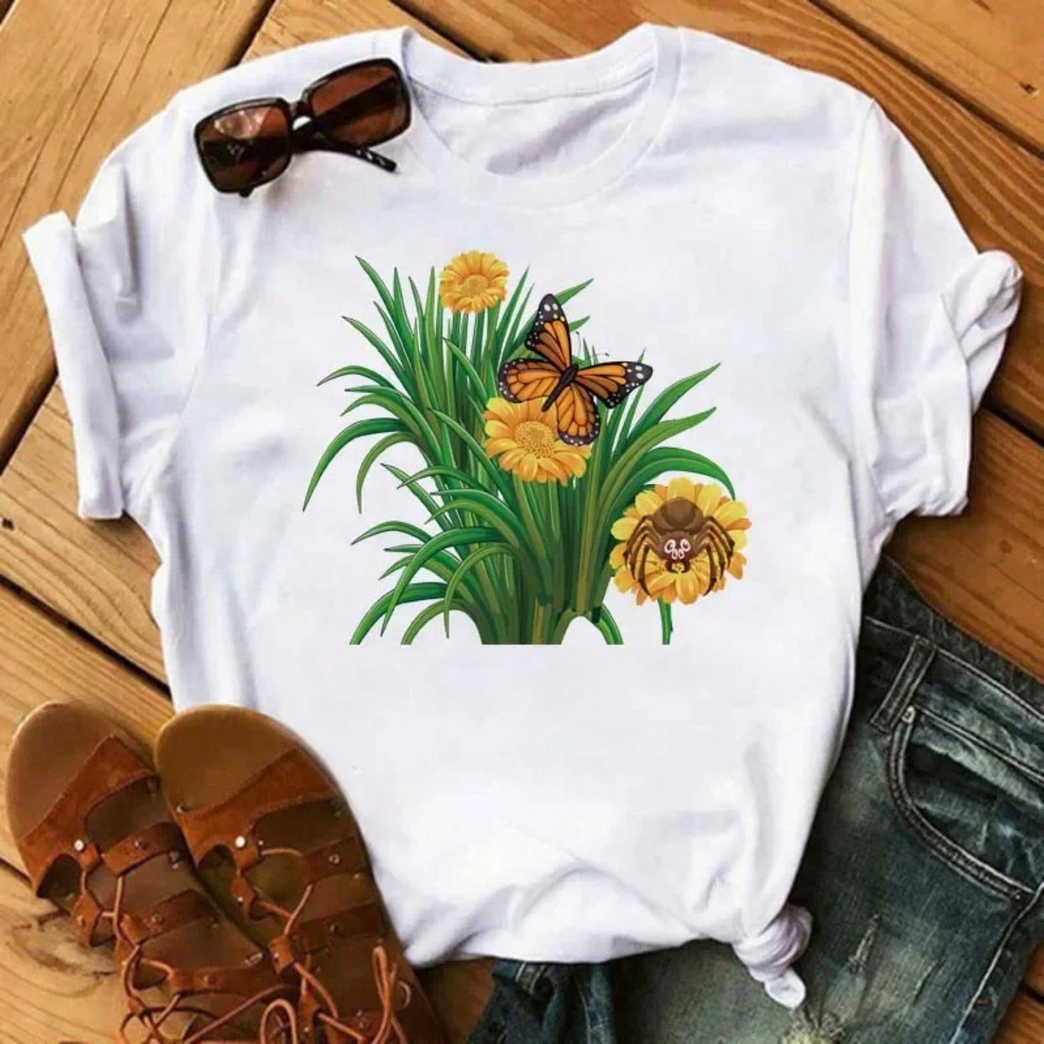 Wounisex Flower Butterfly Fashion Print T Shirt Casual Short Sleeve Ladies T Tee Female Top Shirt Clothes Wounisexs Graphic T-Shirt S разноцветный