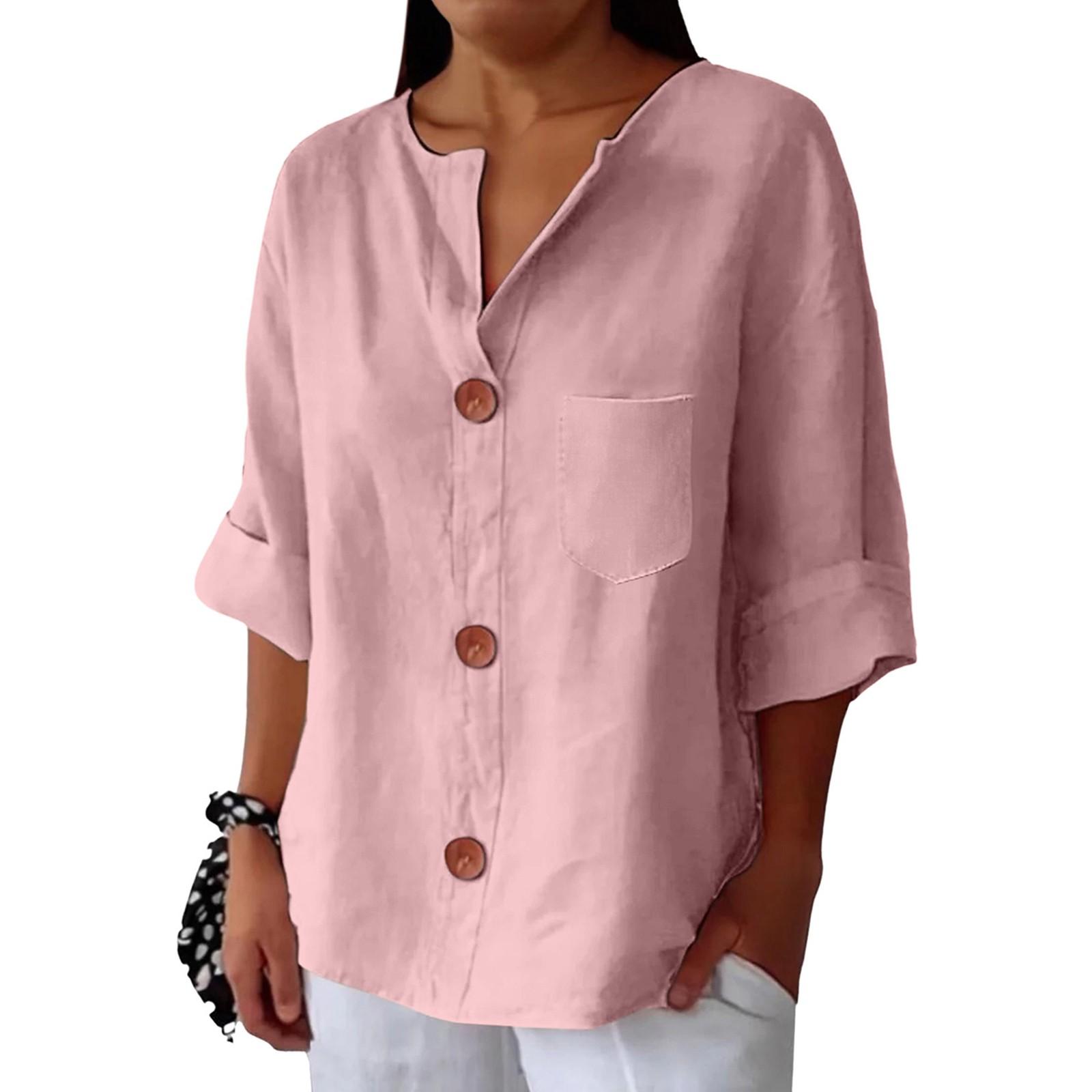 

Women s Fashion Casual V-Neck Buttoned Pockets 3/4 Sleeve Cotton Linen Top XL рожевий