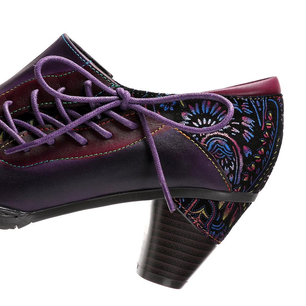 Johnature נעלי עקב גבוהות מודפסות רטרו, נעלי פאמפ מעור אמיתי, סגנון אתני, פרח, רוכסן צדדי, נעלי נשים