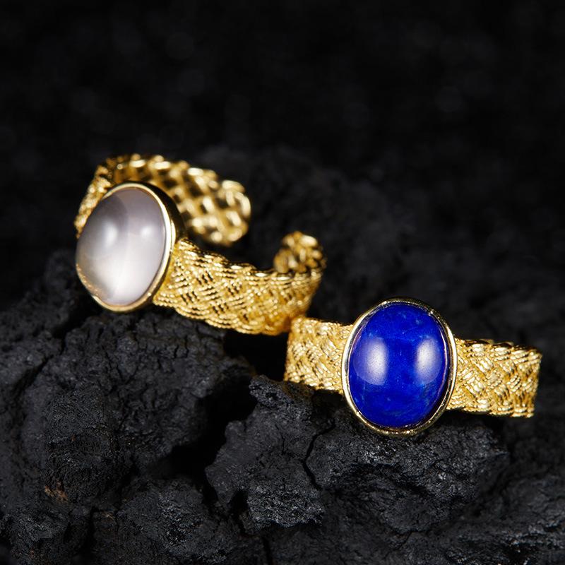 Niche Retro High-End Open Ring S925 Sterling Silver Inlaid With Natural Lapis Lazuli Powder Crystal Colored Treasure Ring For Women
