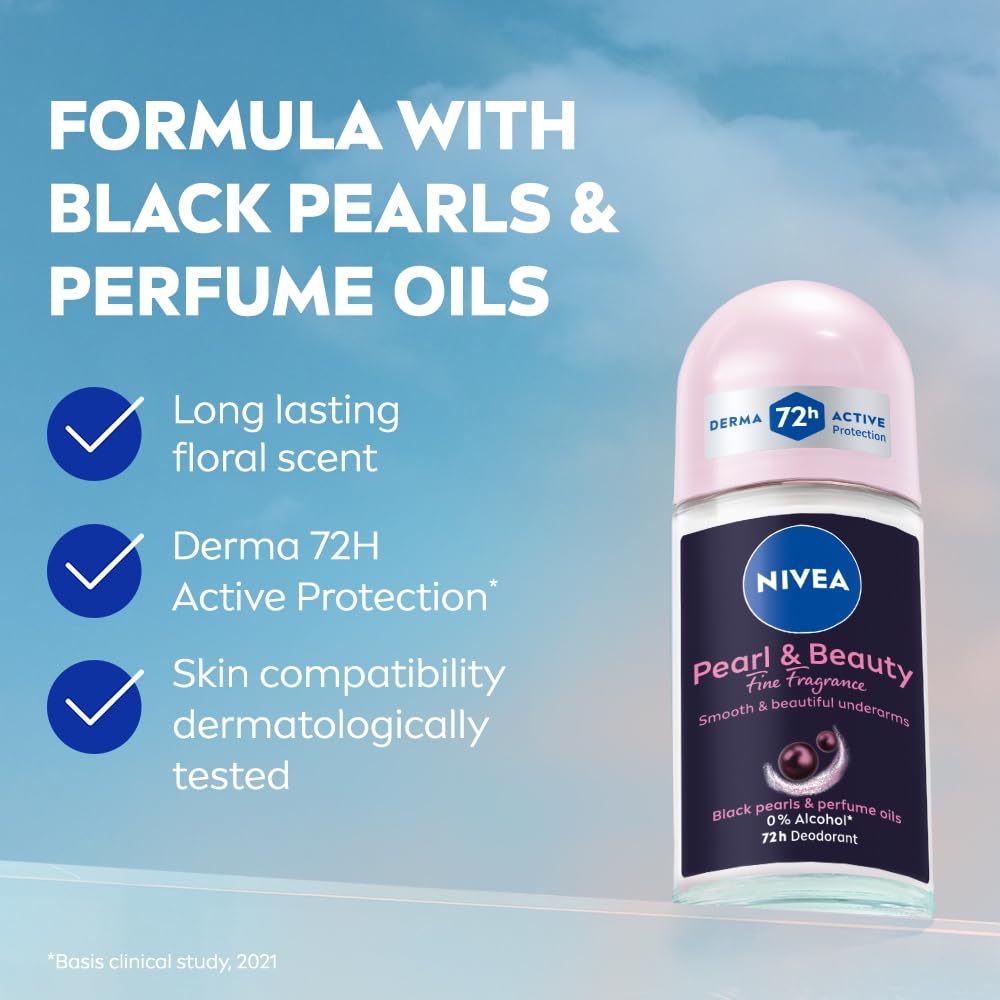NIVEA Women Deodorant Underarm Roll On Pearl & Beauty Fine Fragrance | 72 Hour active Odour Protection | 0% Alcohol | 50 ml