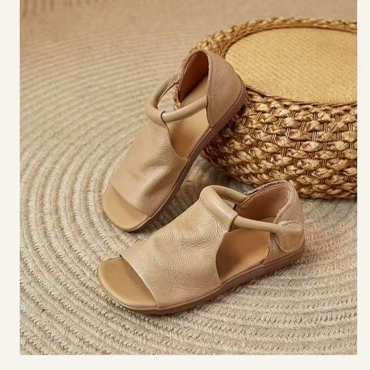 New Women's Peep Toe Flat Sandals - Retro Soft Leather Breathable Comfortable Versatile Casual Shoes 2026
