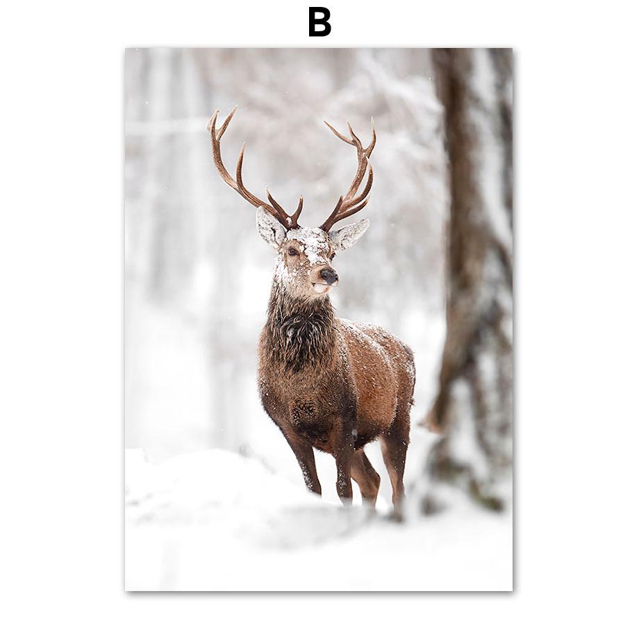 Snowboard Snømann Ekorn Hjort Snø Landskap Veggkunst Lerretsmaleri Plakater og utskrifter Veggbilder til stuedekor