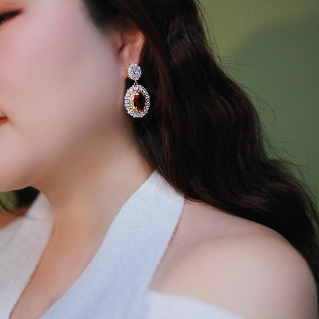 Vintage French Royal Oval Red Cubic Zirconia Double Layer Halo Dangle Drop Earrings Luxury Wedding Women Ear Jewelry