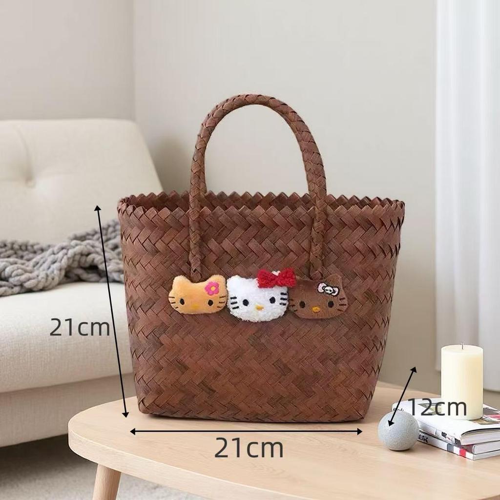 Summer 2025 Cartoon Cat Handbag - Handmade Imitation Rattan Woven Basket for Single Shoulder Use