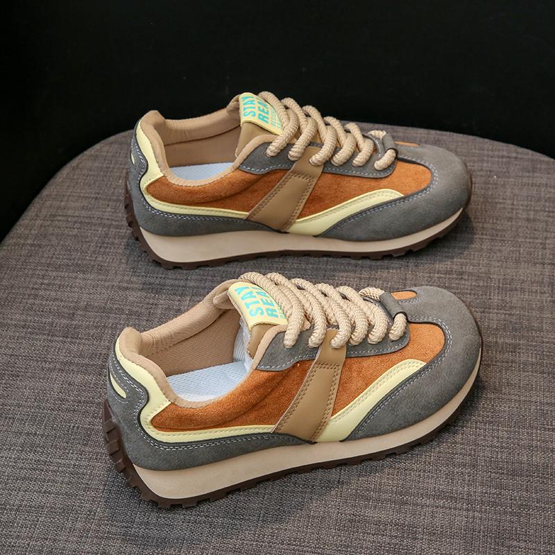 Fashion Casual Sneakers Women Suede Leather Patchwork Mixed Colors Lace Up Round Toe Platform Shoes Lady Flats